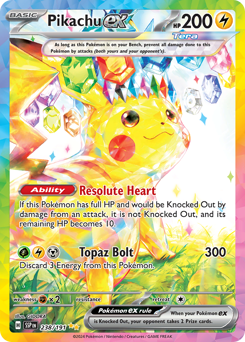 Pikachu ex card from Surging Sparks